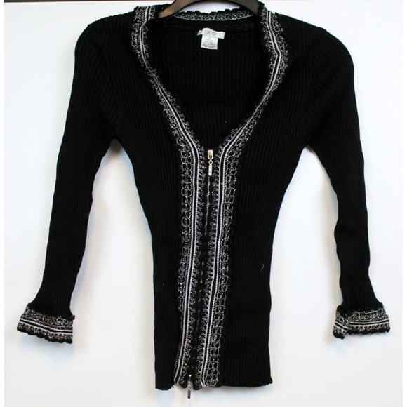 Cache Sweater Silk blend V-Neck sz S Black Ribbed Zipper Shiny Lace Stretch - Picture 1 of 7